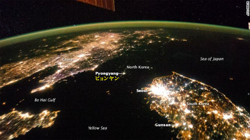 NASAが撮影した東アジアの夜景（朝鮮半島）